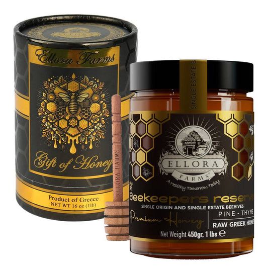Single Estate PDO Greek Honey, Beekeepers Reserve, Pine & Thyme Honey, 450g TUBE Gift Set - ELLORA FARMS