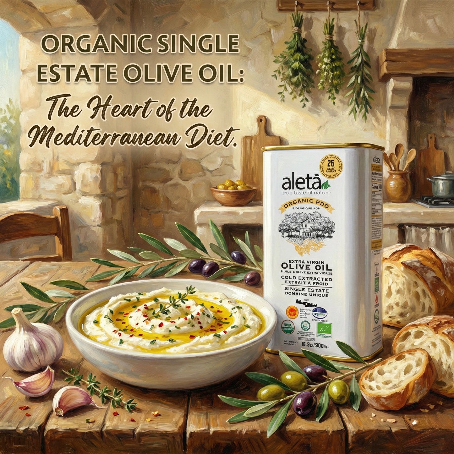 Ellora PDO SITIA & Aleta Organic PDO Messara Extra Virgin Greek Olive Oil, 1 Ltr Tin, 33.8 oz. Combo