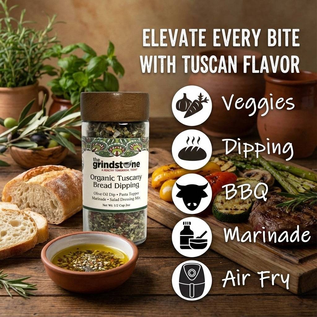Organic Tuscany bread dipping mix, Perfect for extra virgin olive oil, 2 oz. glass bottle with sifter, Pack of 2 - ELLORA FARMS