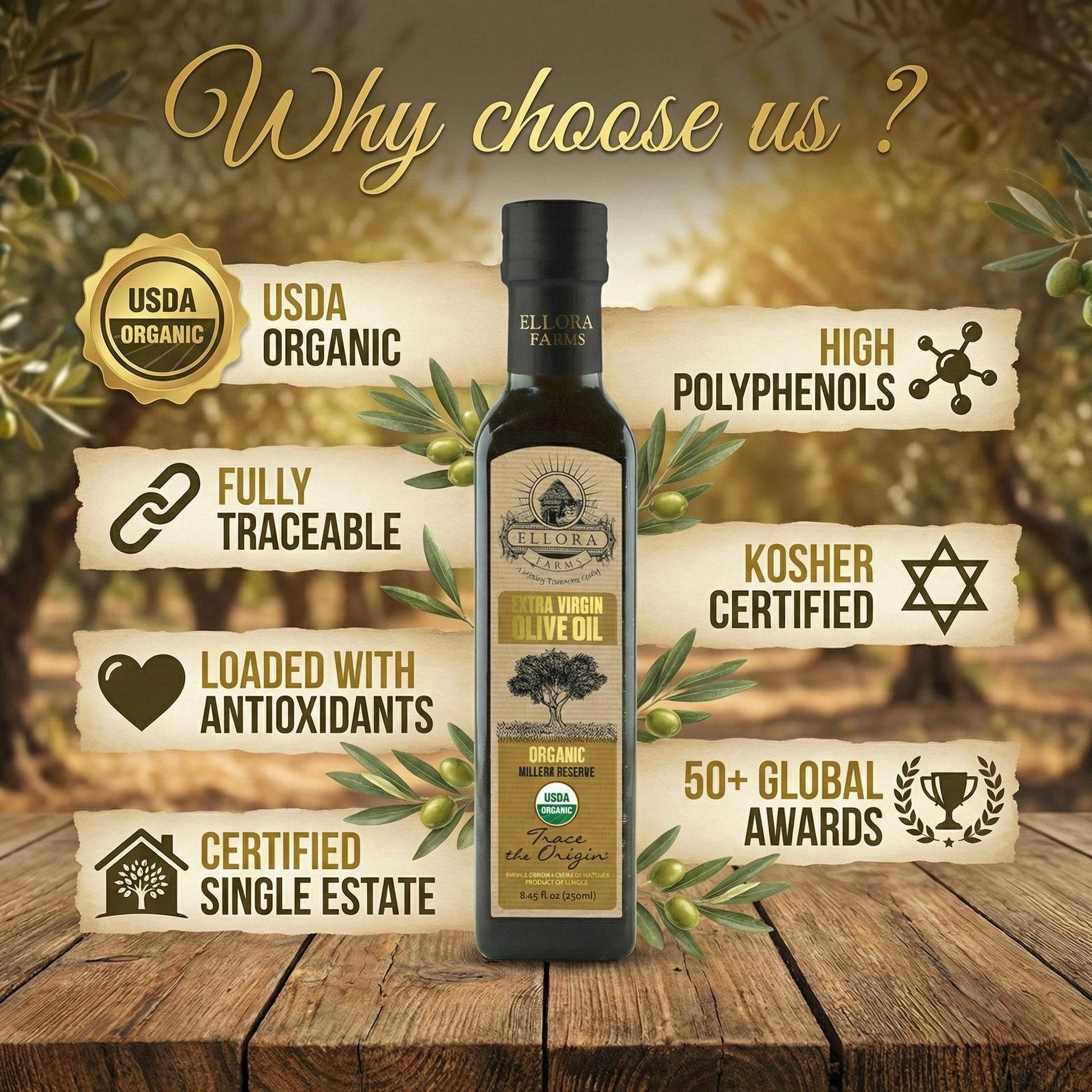 Ellora Farms, Organic and PDO Single Estate Extra Virgin Olive Oil, 8.45 Oz. Combo