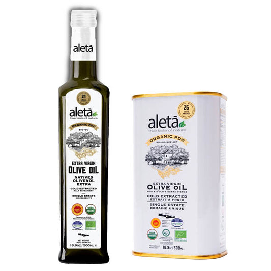 Combo Pack, Aleta Organic PDO Single Estate Messara Extra Virgin Olive Oil, 17 oz Glass Bottle and 17 oz Refill tin, Pack of 2