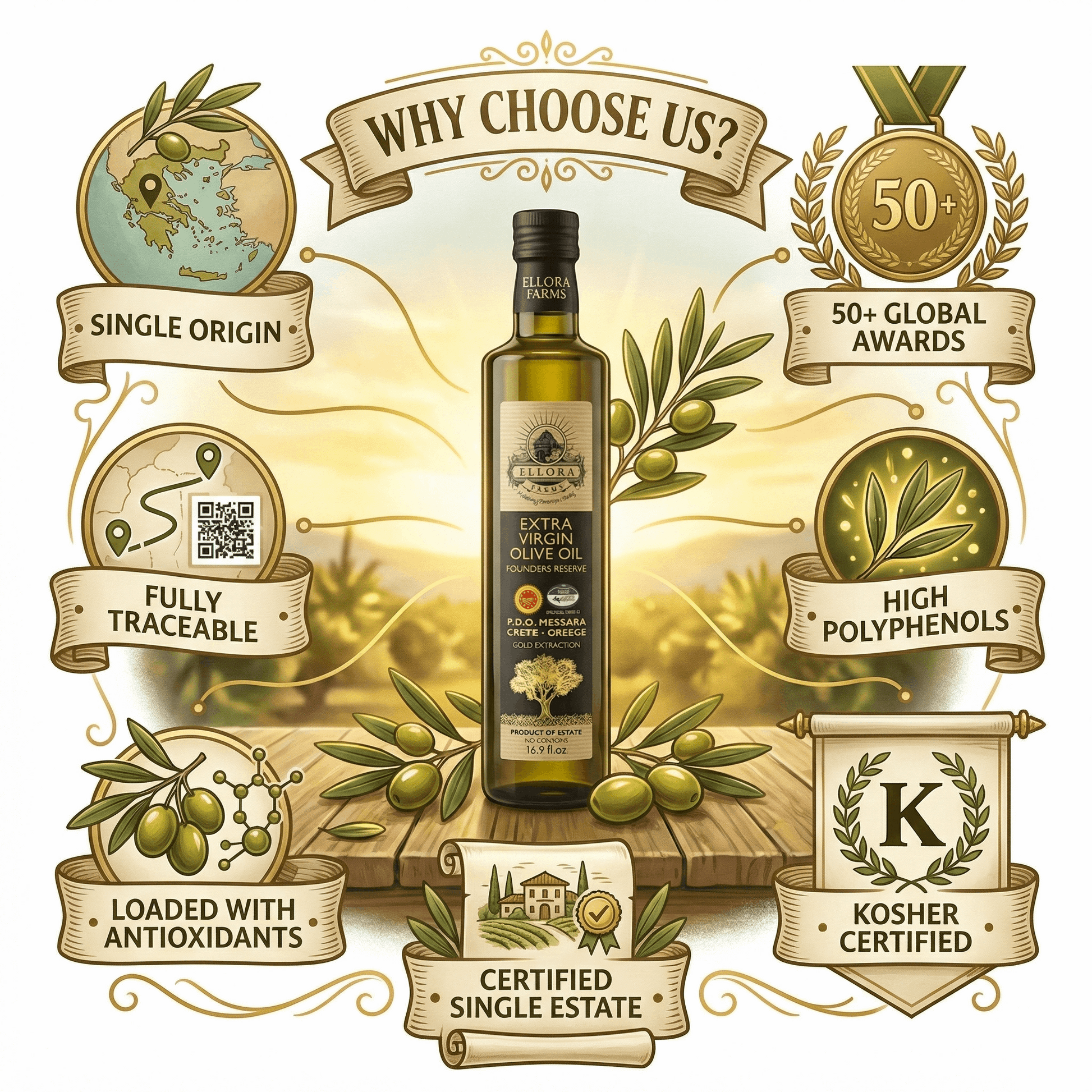 Gold Medal Winner Extra Virgin Olive Oil, Certified PDO Messara Valley Greece, 17 Oz Bottle