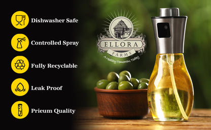 Ellora Farms, Aries Premium Chef Oil & Vinegar Glass Mister Sprayer, 200 ml Glass Bottle with Stainless Steel Funnel