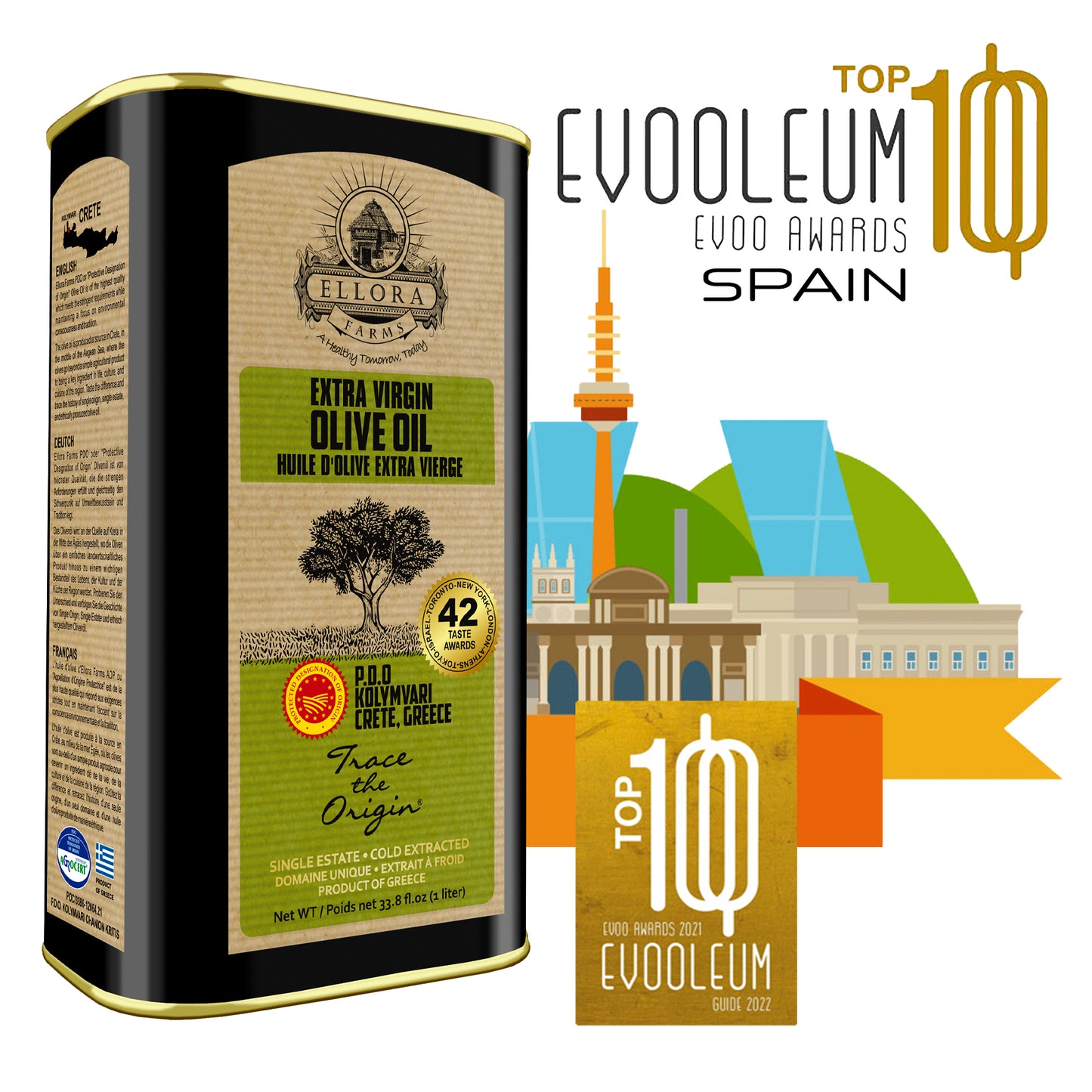 Traceable Single Estate Greek Extra Virgin Olive Oil, Kosher & PDO Certified, 33.8 oz.