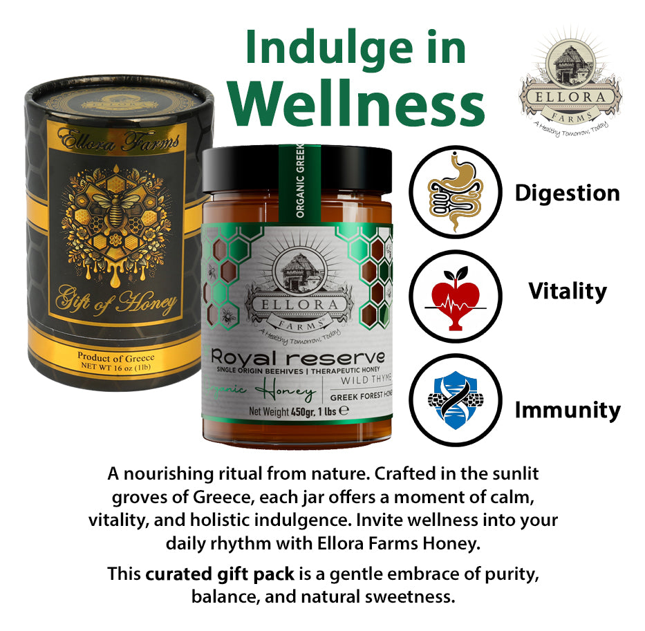 Organic Greek Raw Honey, Royal Reserve, Wild Thyme Therapeutic Honey, 450g TUBE Gift Set