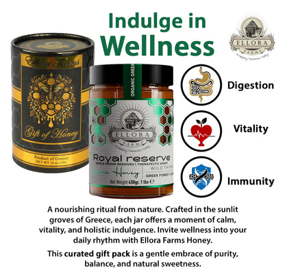 Organic Greek Raw Honey, Royal Reserve, Wild Thyme Therapeutic Honey, 450g TUBE Gift Set