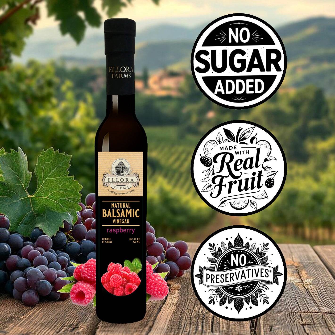 Raspberry Infused Balsamic White Vinegar, Thick & Smooth, Product Of Crete, Greece, 8.5 oz. - ELLORA FARMS