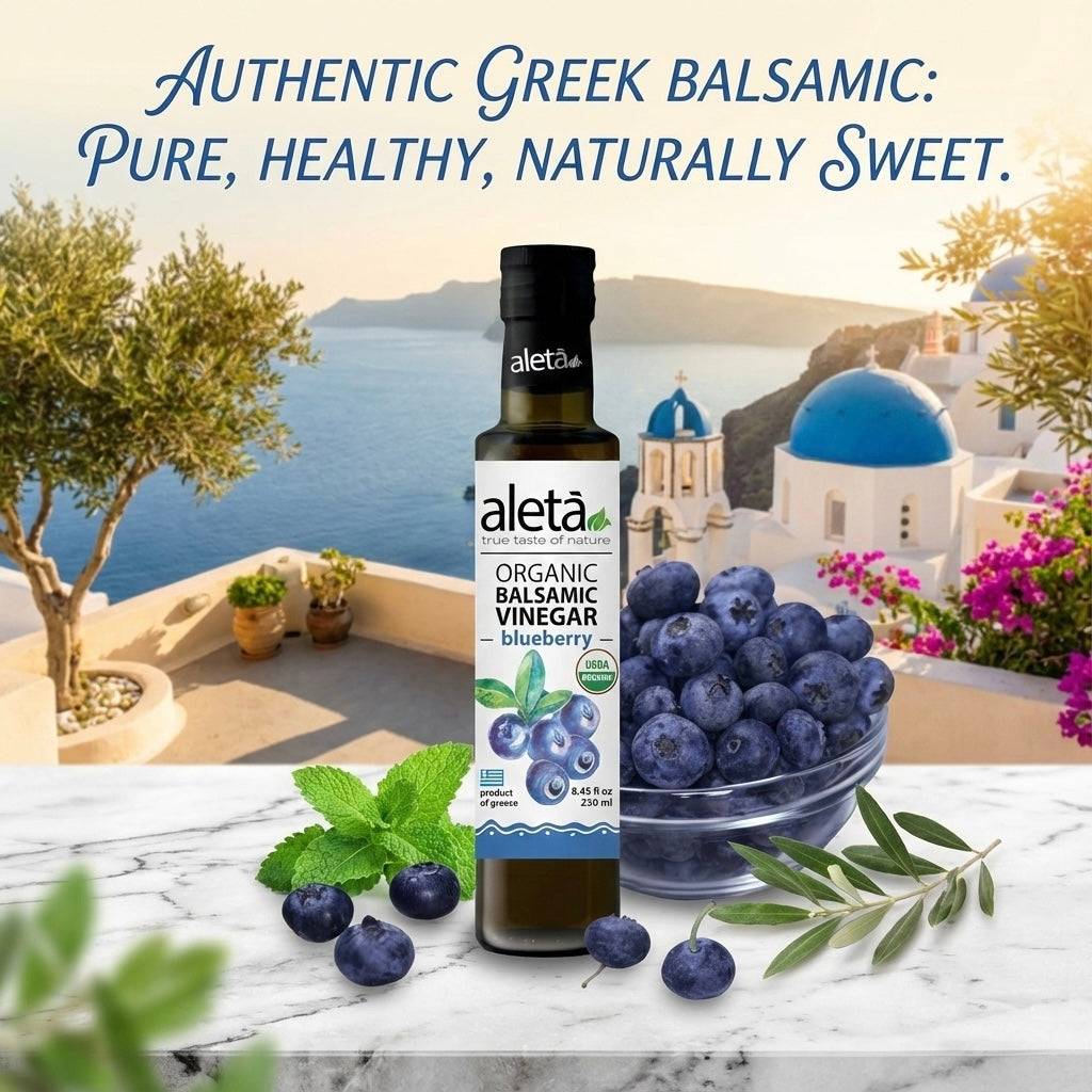 Aleta Organic, Blueberry Infused Balsamic Vinegar, Glass Bottle, 8.45 oz.