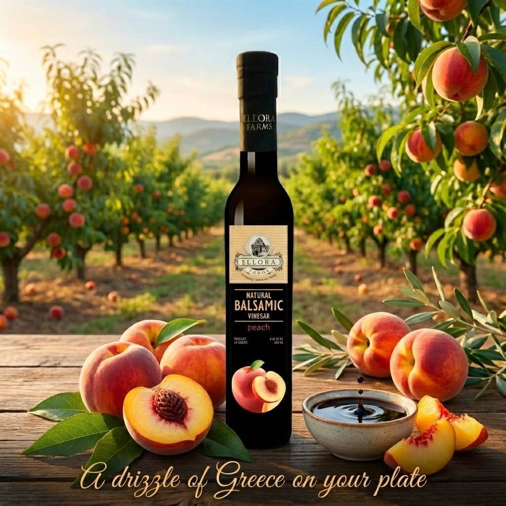 Peach Infused Balsamic Vinegar, Thick & Smooth, Product Of Crete, Greece, 8.5 oz. Each - ELLORA FARMS