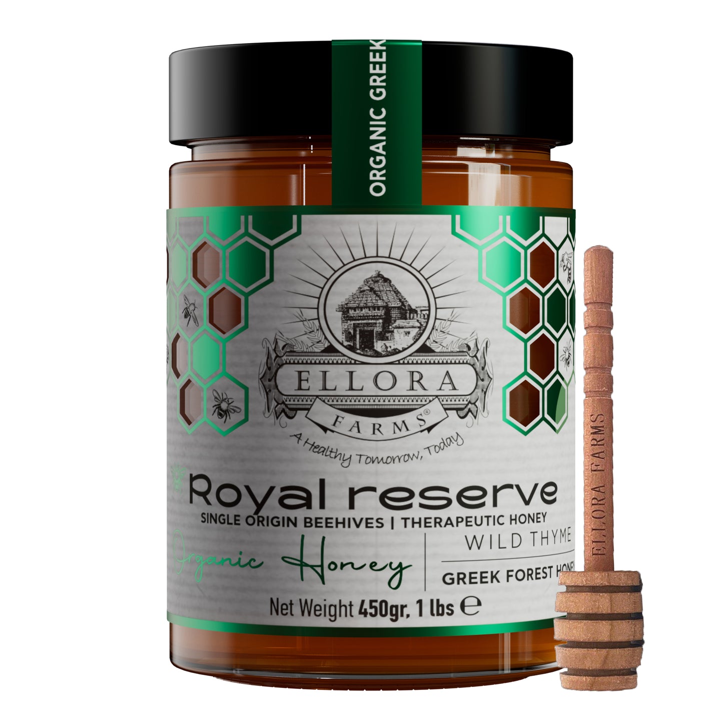 Organic Greek Raw Honey, Royal Reserve, Wild Thyme Gift of Honey, 450g