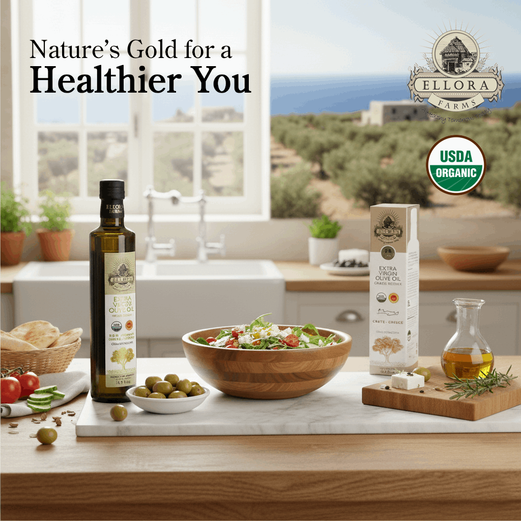 Global Award Organic PDO Extra Virgin Olive Oil, Single Estate Messara Valley Greece, 17 Oz Bottle - ELLORA FARMS