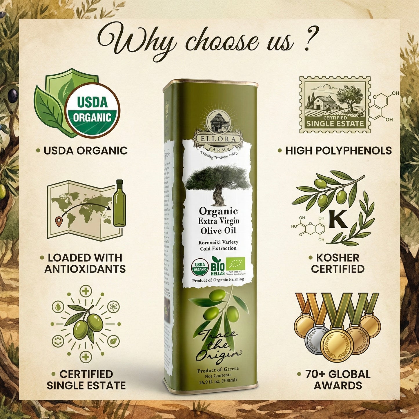 Certified USDA Organic Extra Virgin Olive Oil, Traceable & Single Origin, 16.9 Oz. Tin