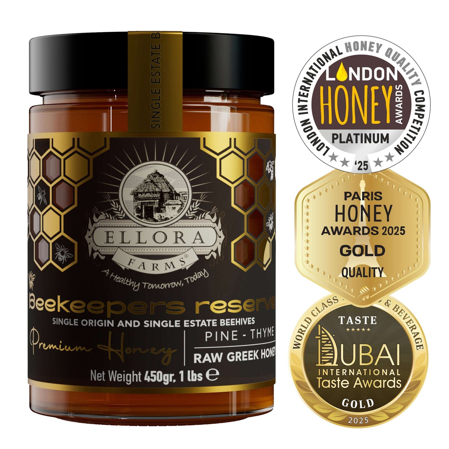 Organic Royal Reserve and Beekeepers Reserve PDO Single Estate Raw Greek Honey, 1 lb. Each Combo Gift Pack - ELLORA FARMS