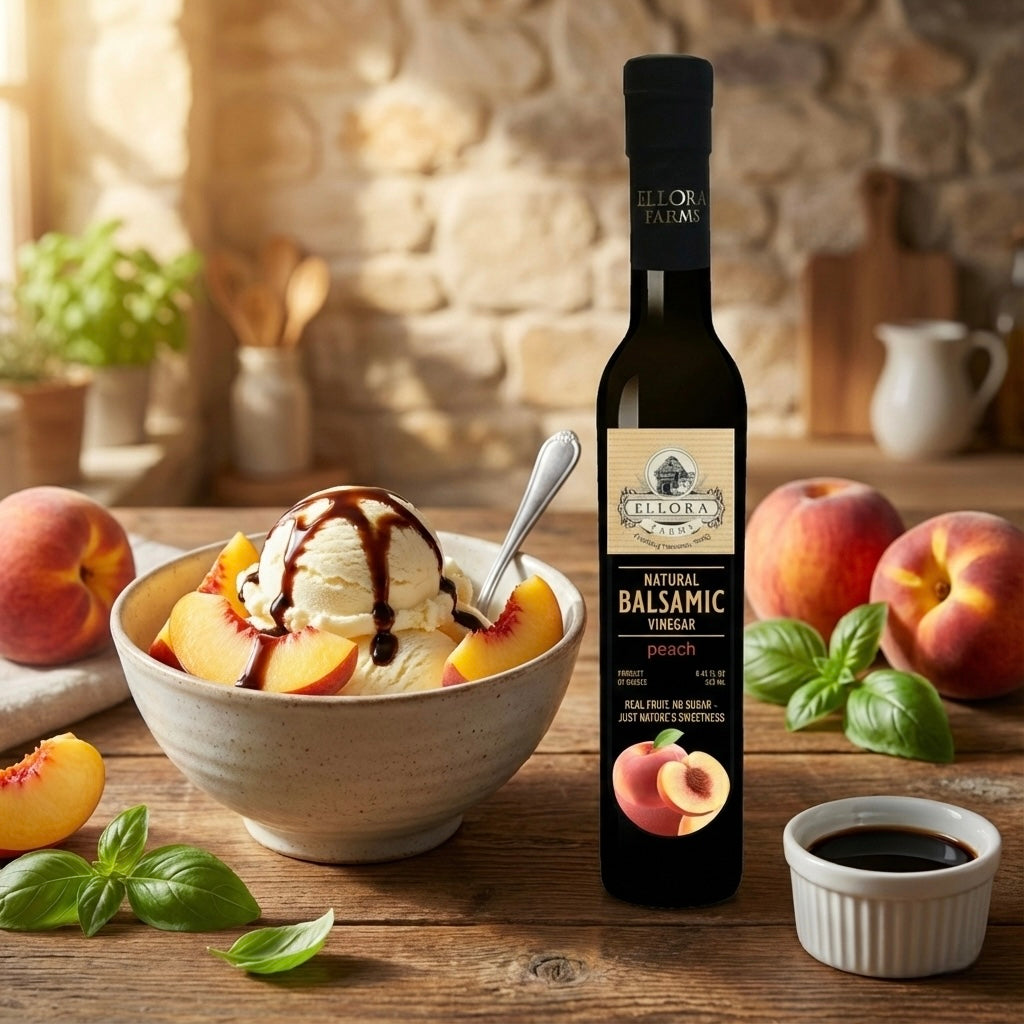 Peach Infused Balsamic Vinegar, Thick & Smooth, Product Of Crete, Greece, 8.5 oz. Each - ELLORA FARMS