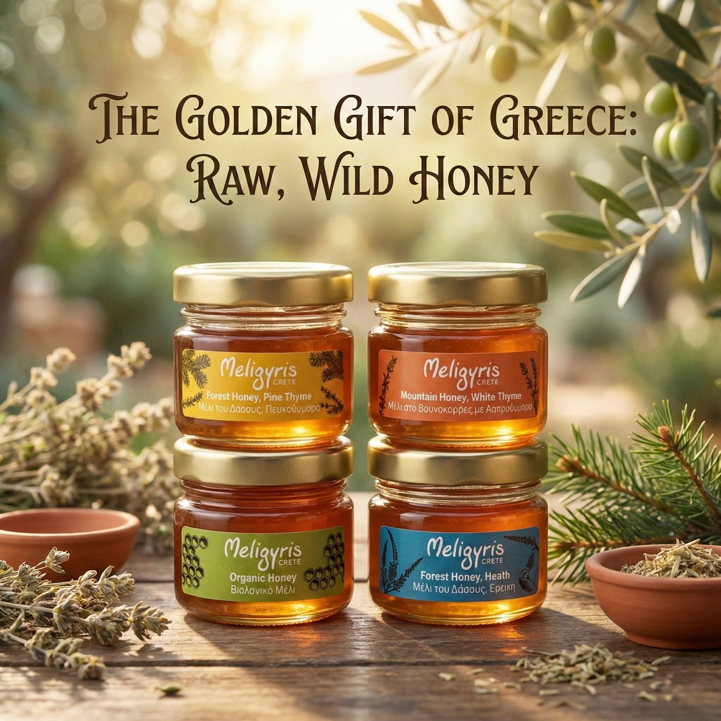 Meligyris Greek Honey Gift Set, 4 Varieties Pack with Mountain Honey, Pine Thyme, Forest Honey Heath, Organic Honey, 30g each Jar