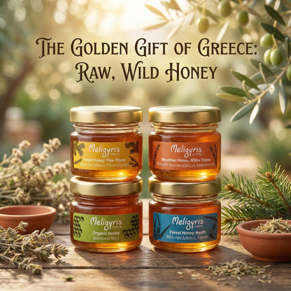Meligyris Greek Honey Gift Set, 4 Varieties Pack with Mountain Honey, Pine Thyme, Forest Honey Heath, Organic Honey, 30g each Jar