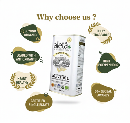 Aleta Organic & Ellora PDO Single Estate Extra Virgin Greek Olive Oil, 1 Ltr Tin, 33.8 oz. Combo