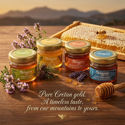 Meligyris Greek Honey Gift Set, 4 Varieties Pack with Mountain Honey, Pine Thyme, Forest Honey Heath, Organic Honey, 30g each Jar