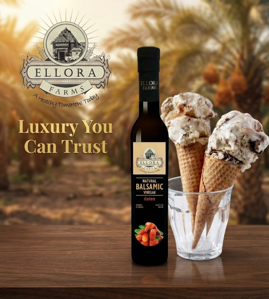 Dates Infused Aged Balsamic Vinegar, Award Winning, Thick & Creamy, 8.5 oz. - ELLORA FARMS