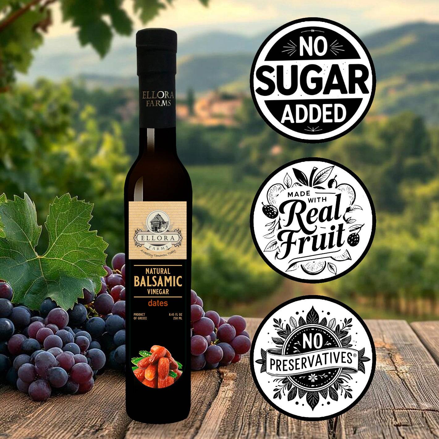 Dates Infused Aged Balsamic Vinegar, Award Winning, Thick & Creamy, 8.5 oz. - ELLORA FARMS