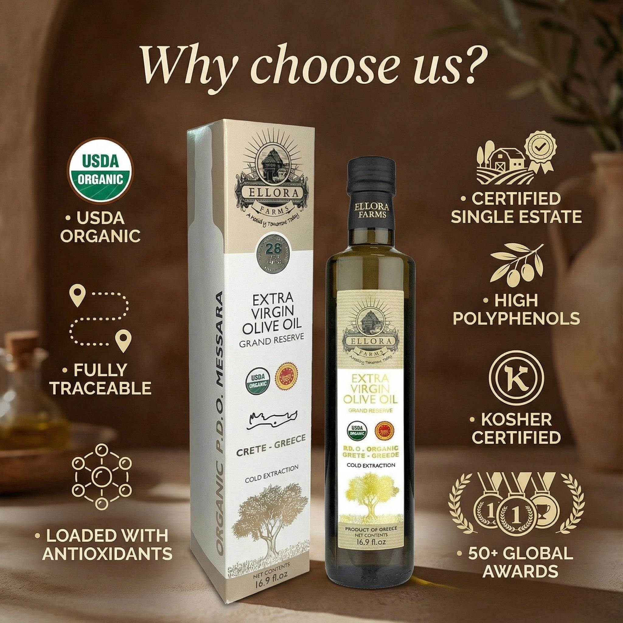 Global Award Organic PDO Extra Virgin Olive Oil, Single Estate