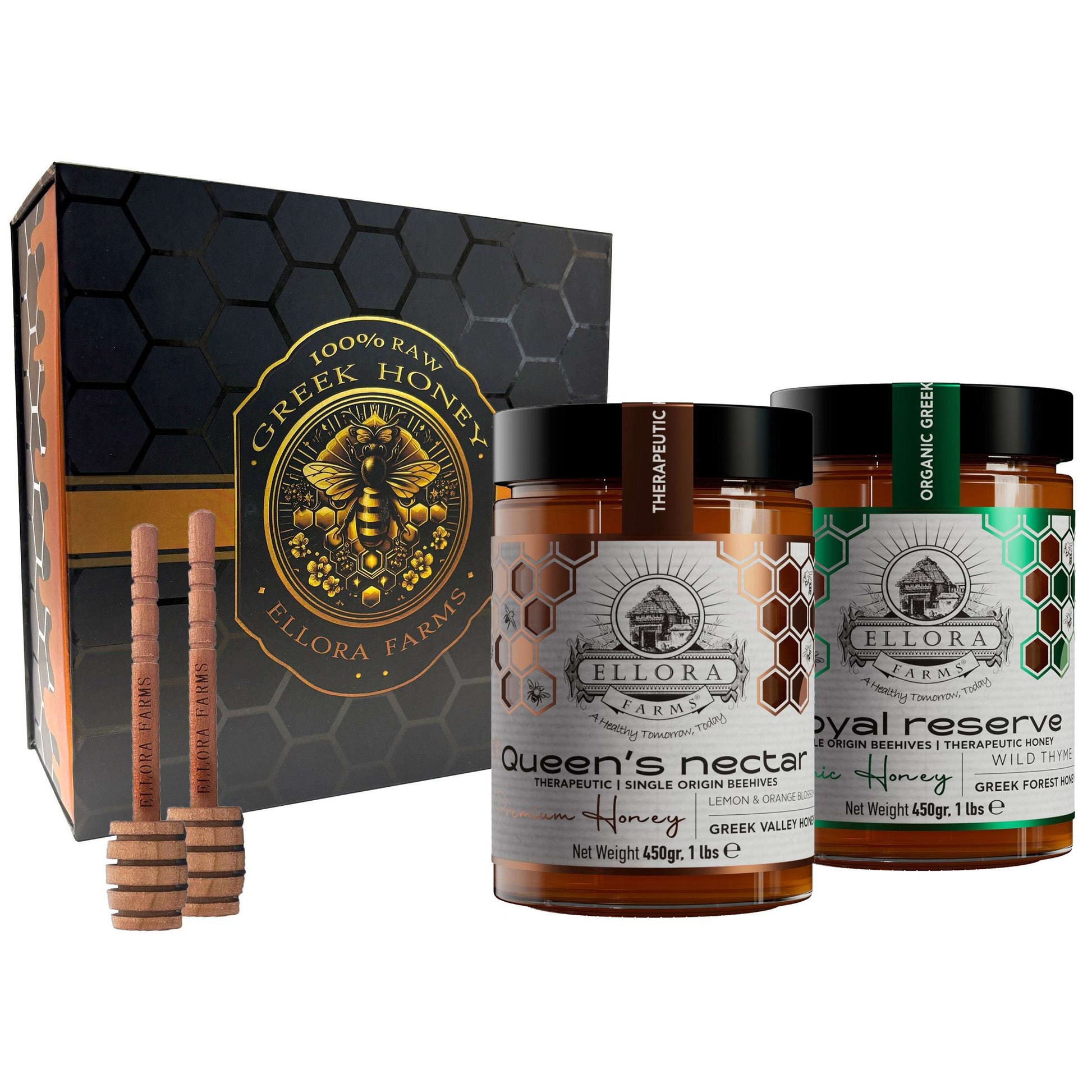 Organic Royal Reserve & Queens Nectar Award Winning Raw Greek Honey, 1 lb. Each Combo Gift Pack - ELLORA FARMS