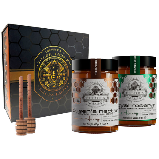 Organic Royal Reserve & Queens Nectar Award Winning Raw Greek Honey, 1 lb. Each Combo Gift Pack