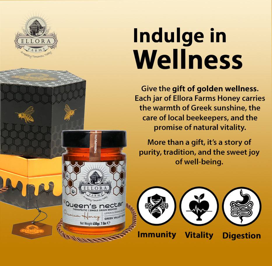 Greek Raw Honey, Queens Nectar, Lemon & Orange Blossom, 450g HONEY POT Gift Set - ELLORA FARMS