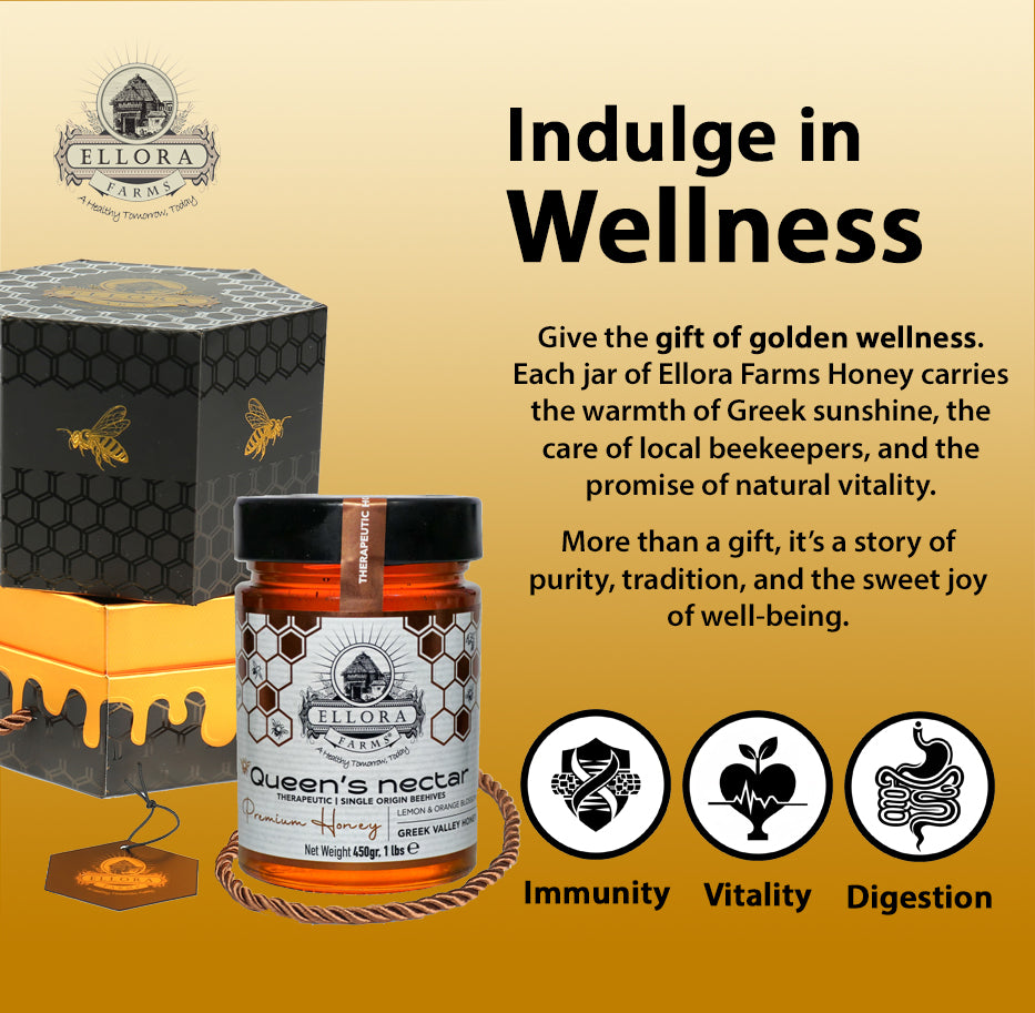 Greek Raw Honey, Queens Nectar, Lemon & Orange Blossom, 450g HONEY POT Gift Set