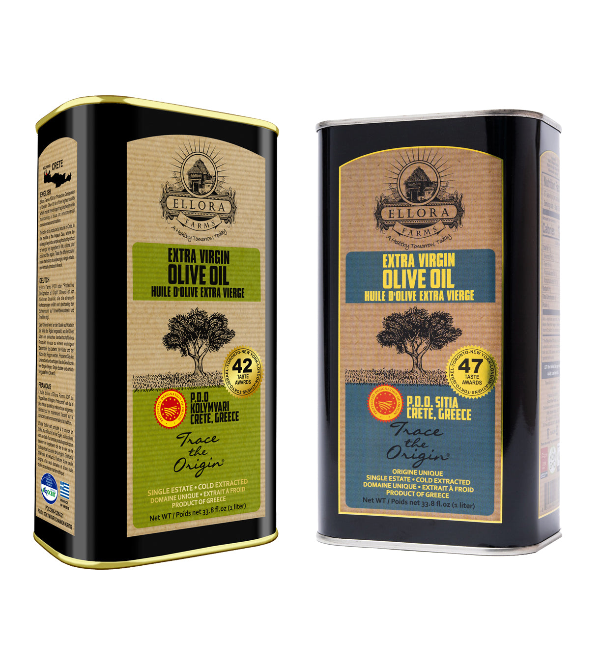 Ellora PDO SITIA & KOLYMVARI Estates Extra Virgin Greek Olive Oil, 1 Ltr Tin, 33.8 oz. Combo