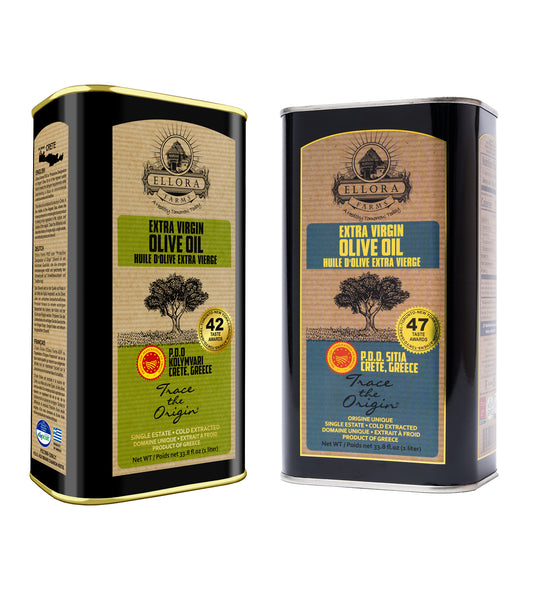Ellora PDO SITIA & KOLYMVARI Estates Extra Virgin Greek Olive Oil, 1 Ltr Tin, 33.8 oz. Combo