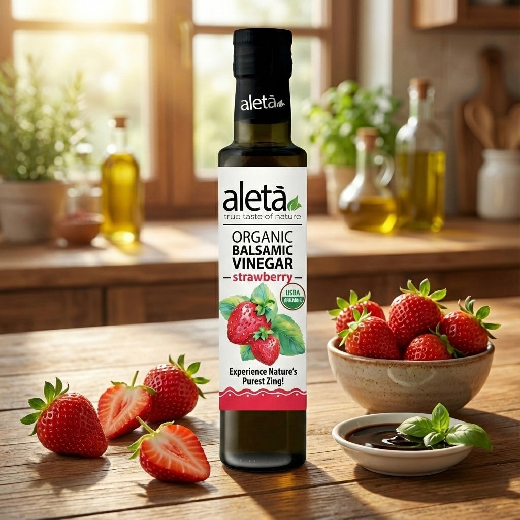 Aleta Organic, Strawberry Infused Balsamic Vinegar, Glass Bottle, 8.45 oz.