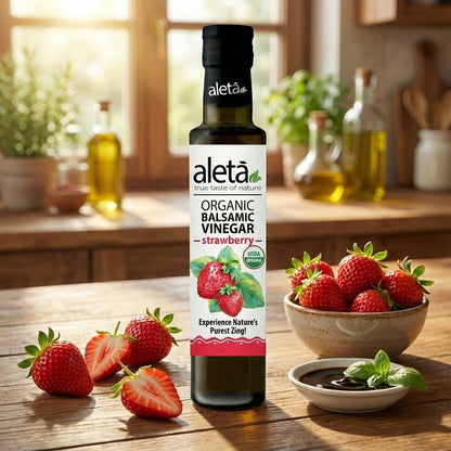 Aleta Organic, Strawberry Infused Balsamic Vinegar, Glass Bottle, 8.45 oz.