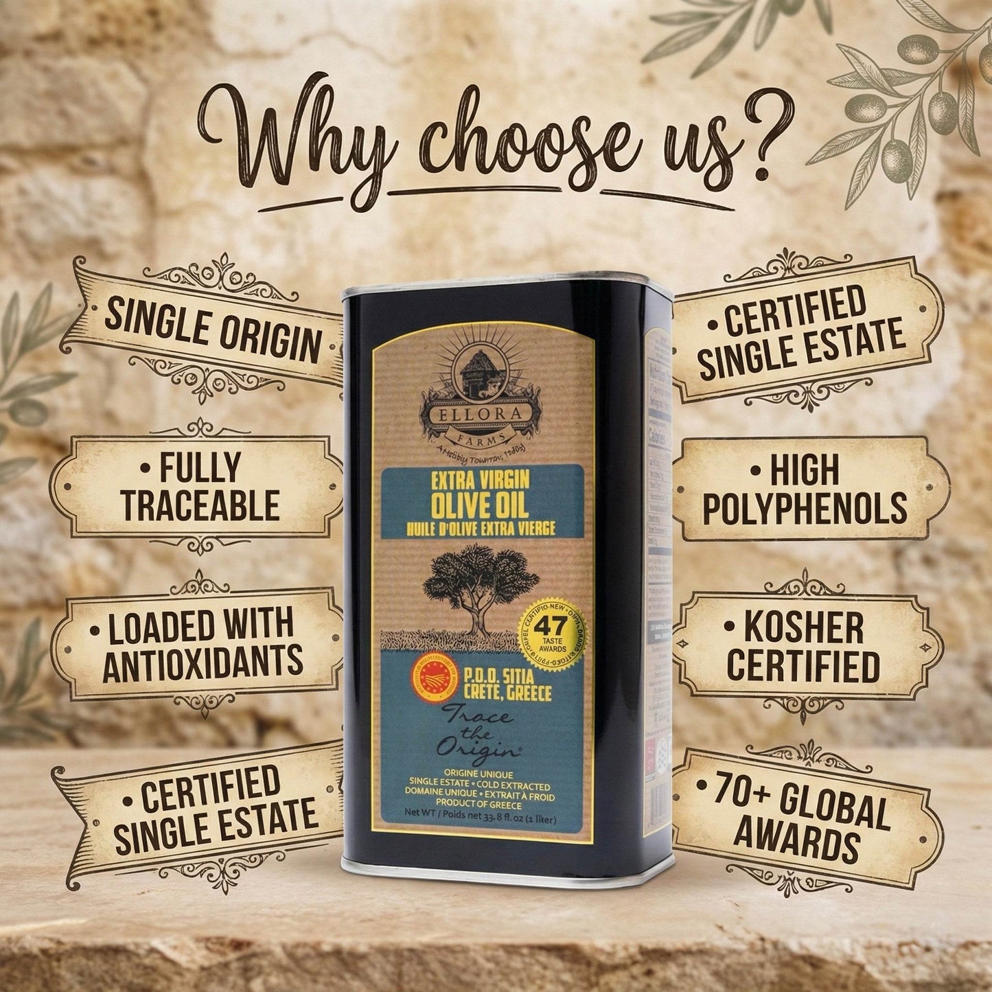 Traceable Single Estate SITIA Greek Extra Virgin Olive Oil, Kosher & PDO Certified, 33.8 oz.