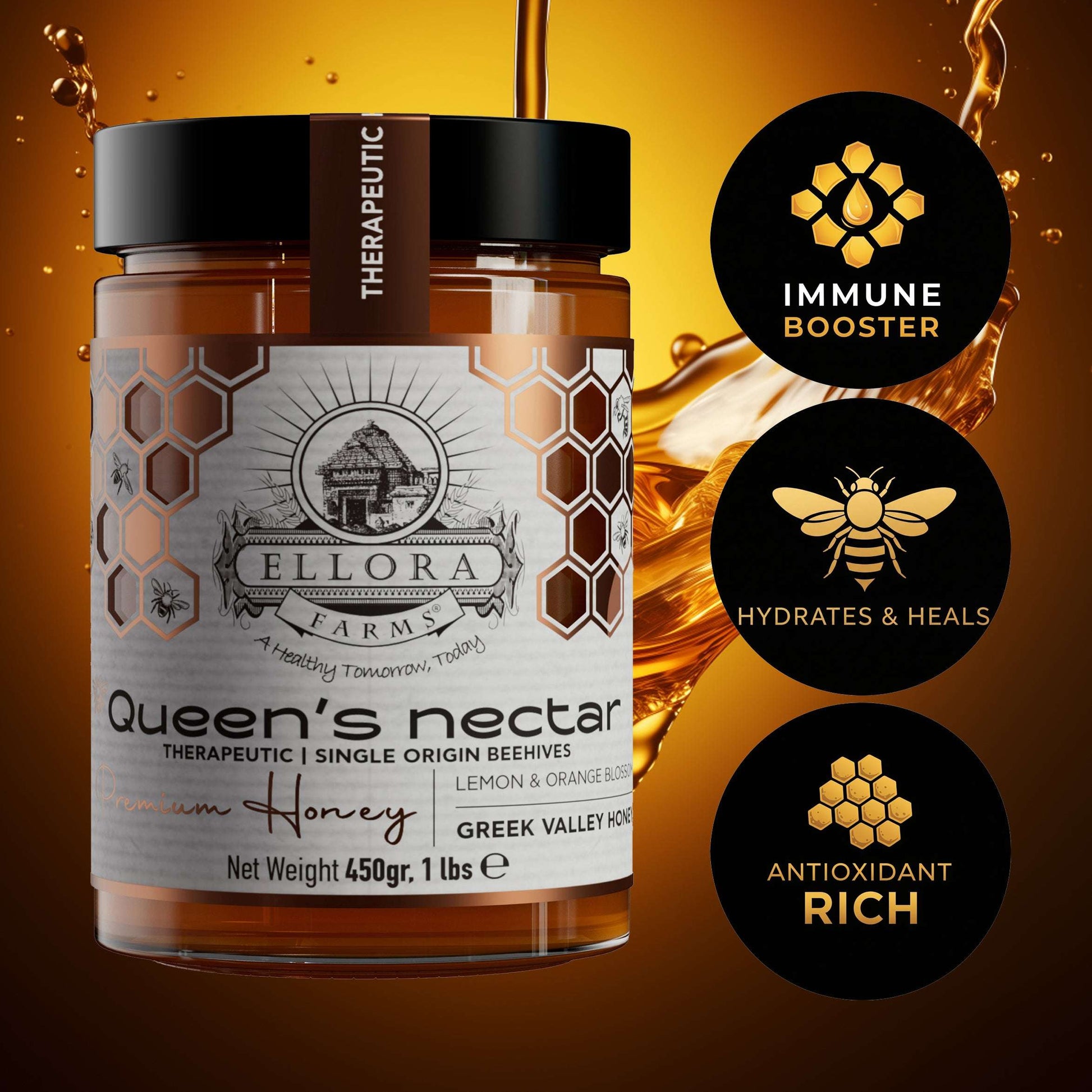 Organic Royal Reserve & Queens Nectar Award Winning Raw Greek Honey, 1 lb. Each Combo Gift Pack - ELLORA FARMS