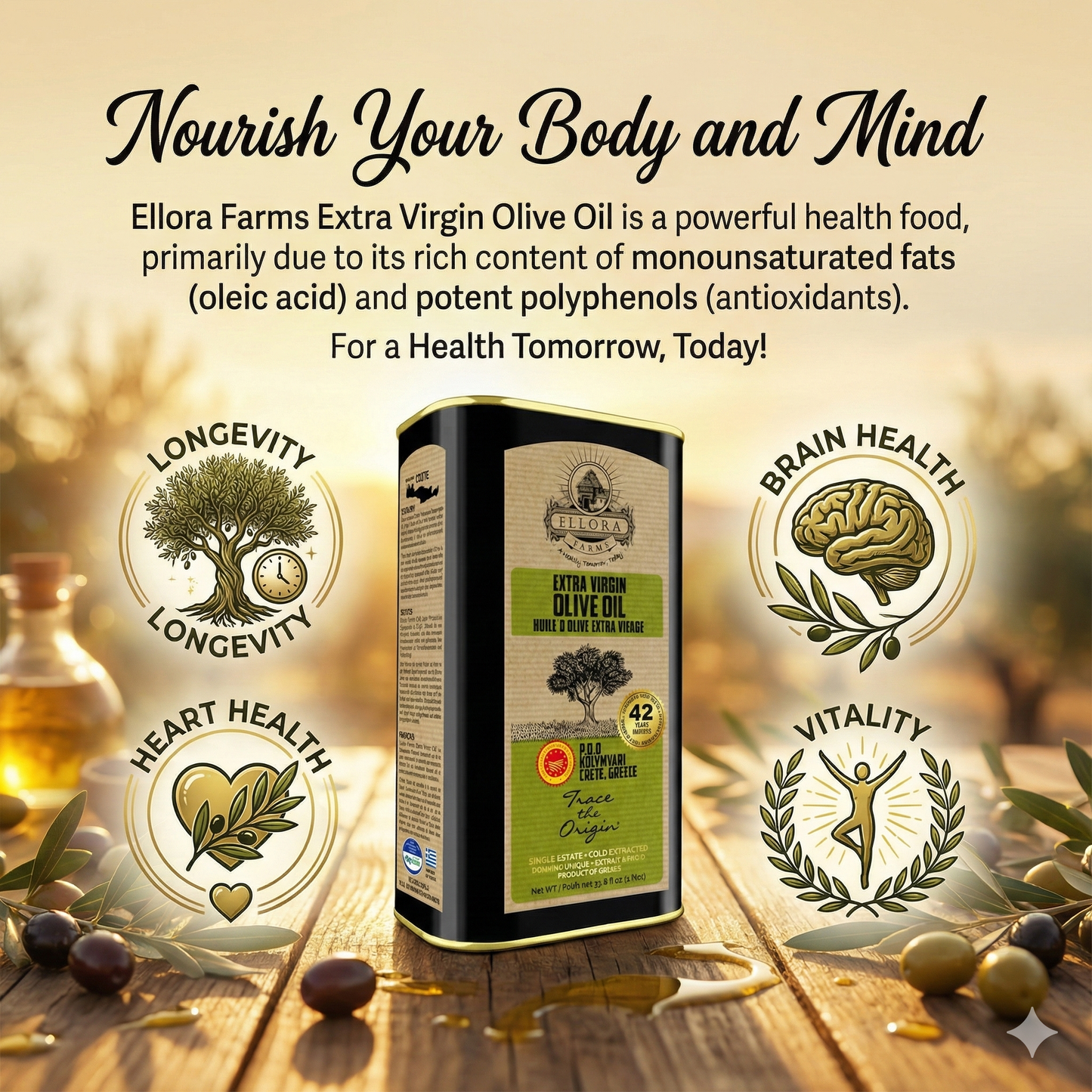 Aleta Organic & Ellora PDO Single Estate Extra Virgin Greek Olive Oil, 1 Ltr Tin, 33.8 oz. Combo