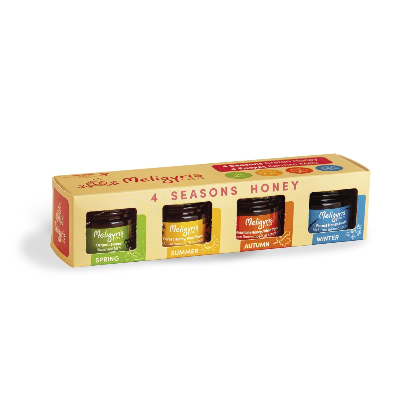Meligyris Greek Honey Gift Set, 4 Varieties Pack with Mountain Honey, Pine Thyme, Forest Honey Heath, Organic Honey, 30g each Jar