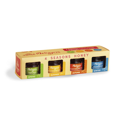 Meligyris Greek Honey Gift Set, 4 Varieties Pack with Mountain Honey, Pine Thyme, Forest Honey Heath, Organic Honey, 30g each Jar