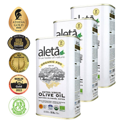 Aleta Organic & PDO Single Estate Traceable Extra Virgin Greek Olive Oil, 1 Ltr Tin, 33.8 oz. - ELLORA FARMS