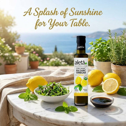 Aleta Organic, Lemon Infused Balsamic Vinegar, Glass Bottle, 8.45 oz.