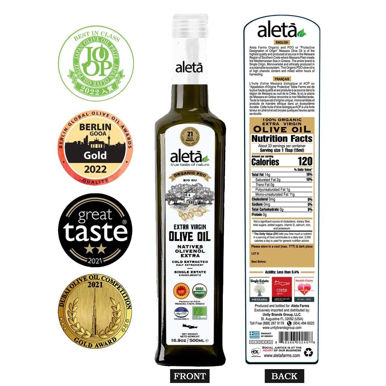 Aleta Organic & PDO Extra Virgin Greek Olive Oil, 2025 Gold Award, 17 oz. Bottle