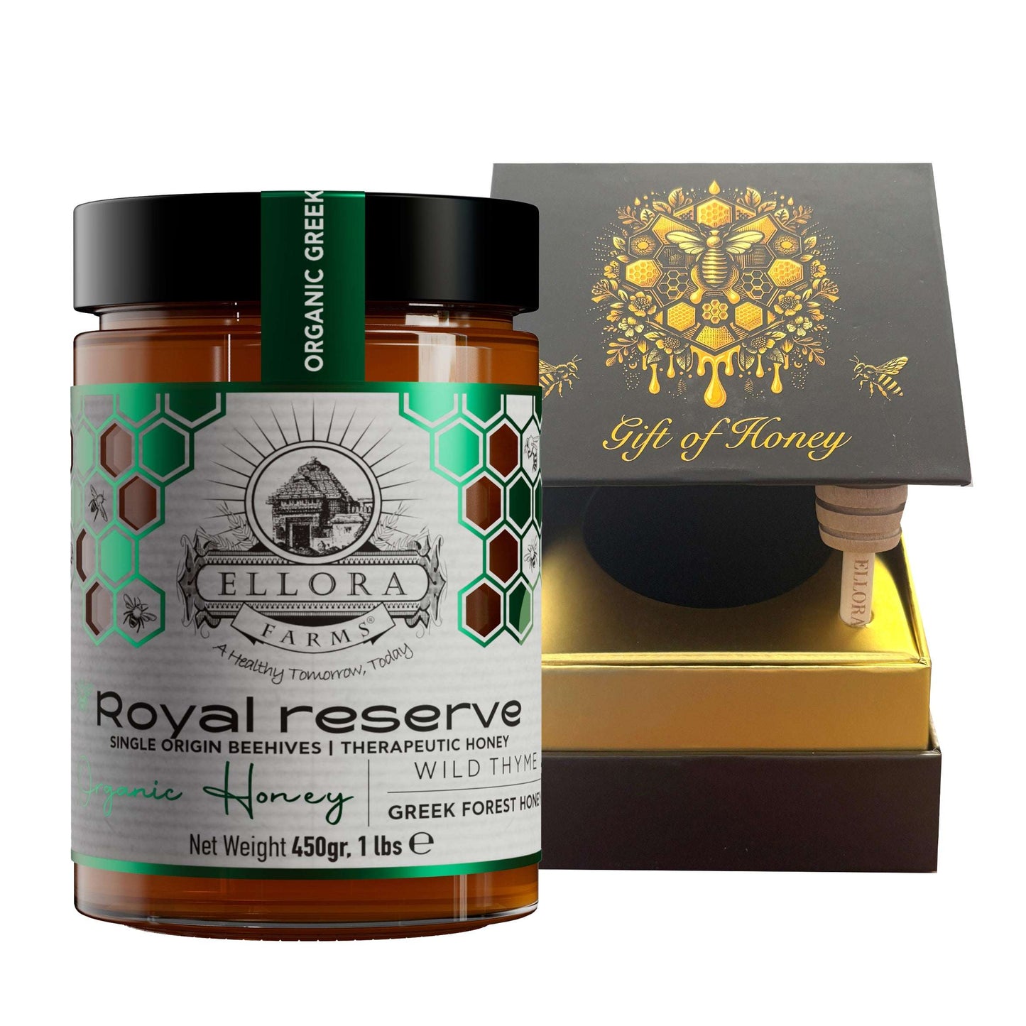 Organic Greek Raw Honey, Royal Reserve, Wild Thyme Therapeutic Honey, 450g CUBE Gift Set - ELLORA FARMS