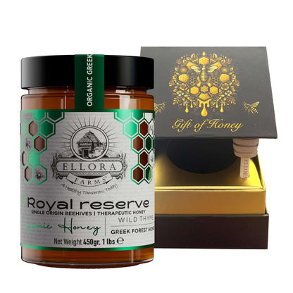 Organic Greek Raw Honey, Royal Reserve, Wild Thyme Therapeutic Honey, 450g CUBE Gift Set - ELLORA FARMS