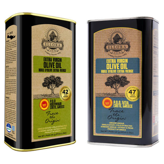 Ellora PDO SITIA & KOLYMVARI Estates Extra Virgin Greek Olive Oil, 1 Ltr Tin, 33.8 oz. Combo