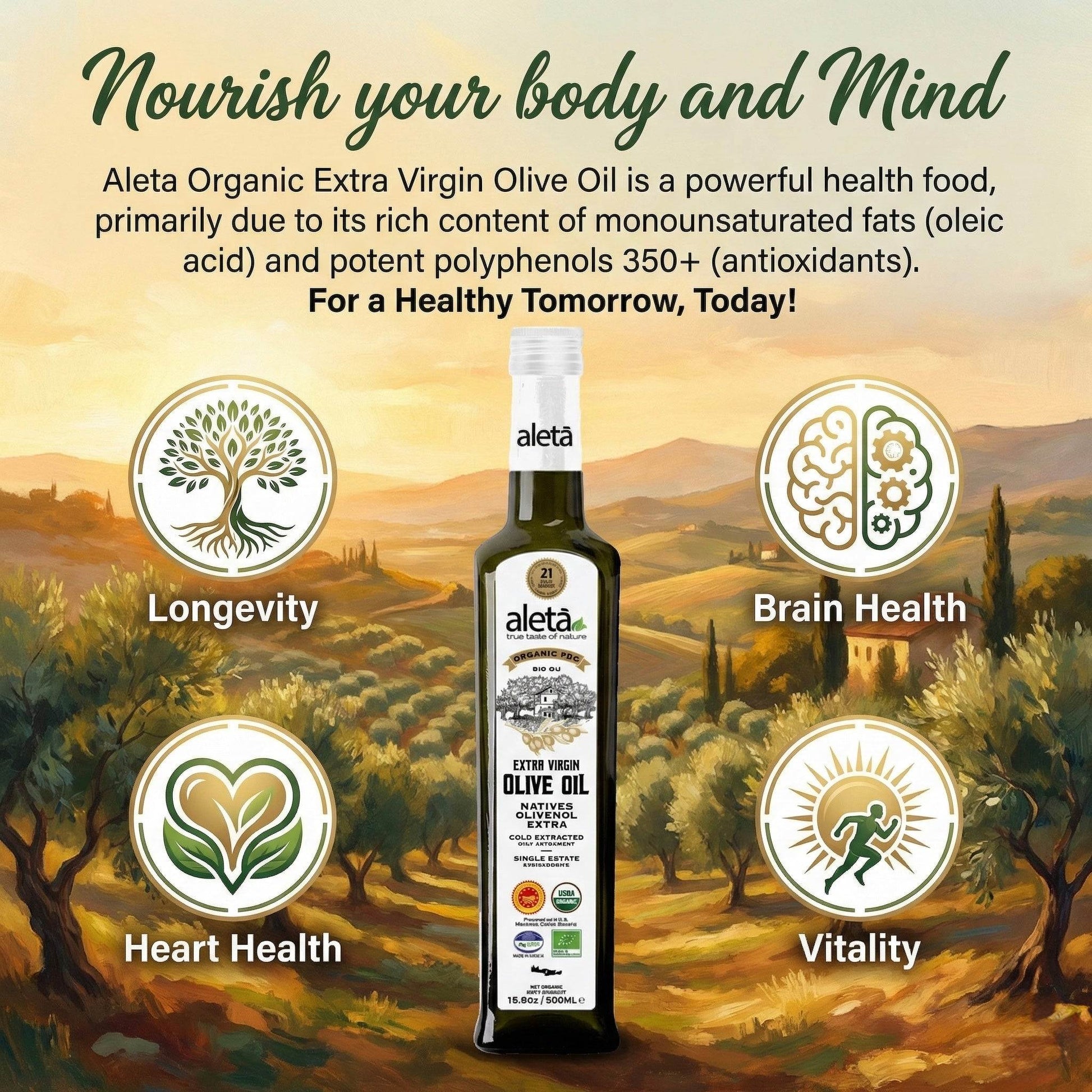 Aleta Organic & PDO Extra Virgin Greek Olive Oil, 2025 Gold Award, 17 oz. Bottle