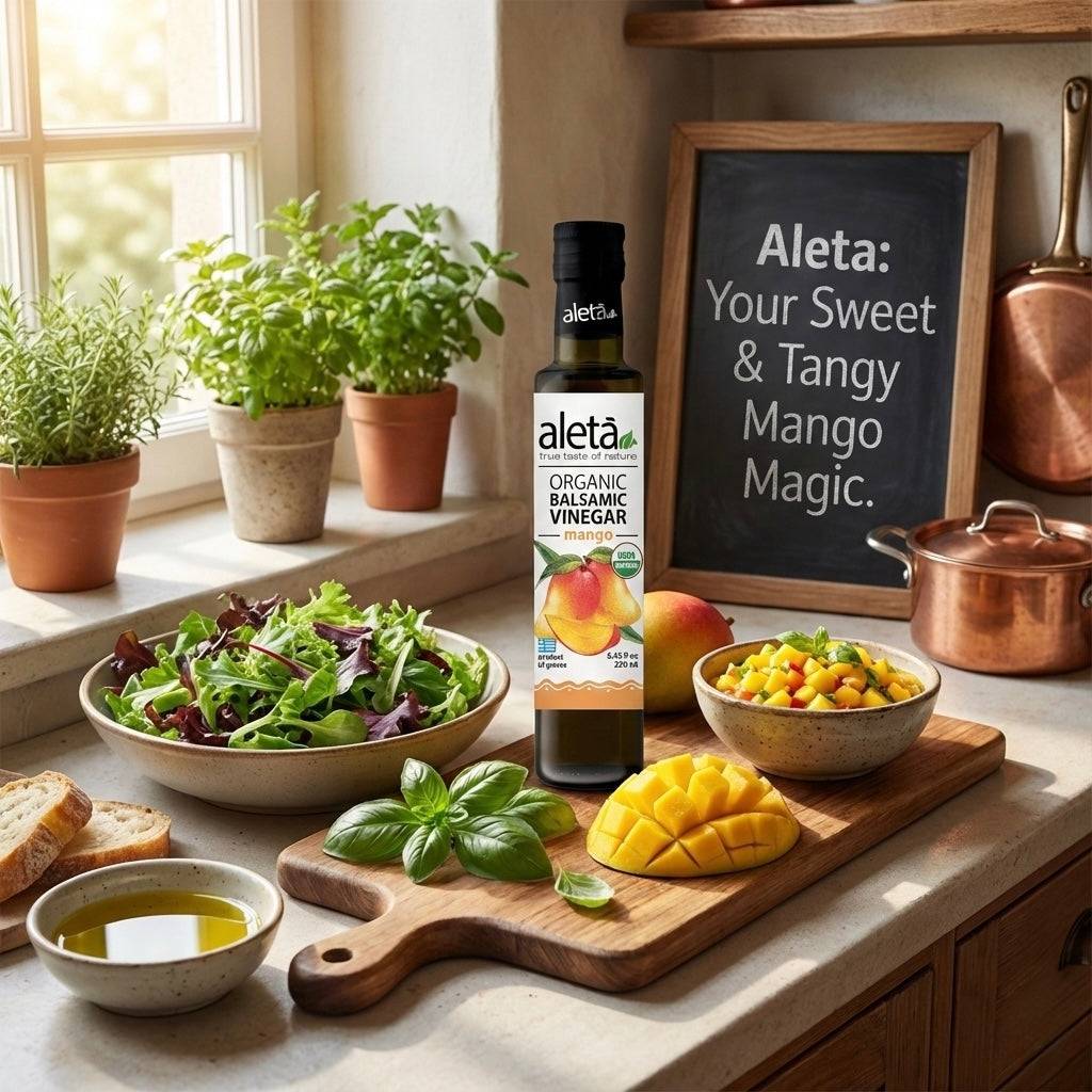 Aleta Organic, Mango Infused Balsamic Vinegar, Glass Bottle, 8.45 oz.