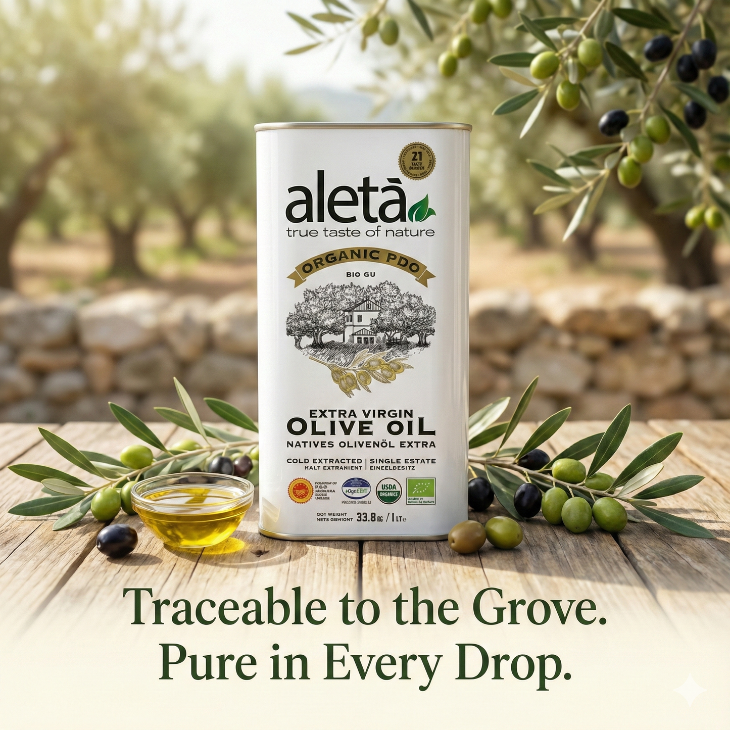 Aleta Organic & Ellora PDO Single Estate Extra Virgin Greek Olive Oil, 1 Ltr Tin, 33.8 oz. Combo