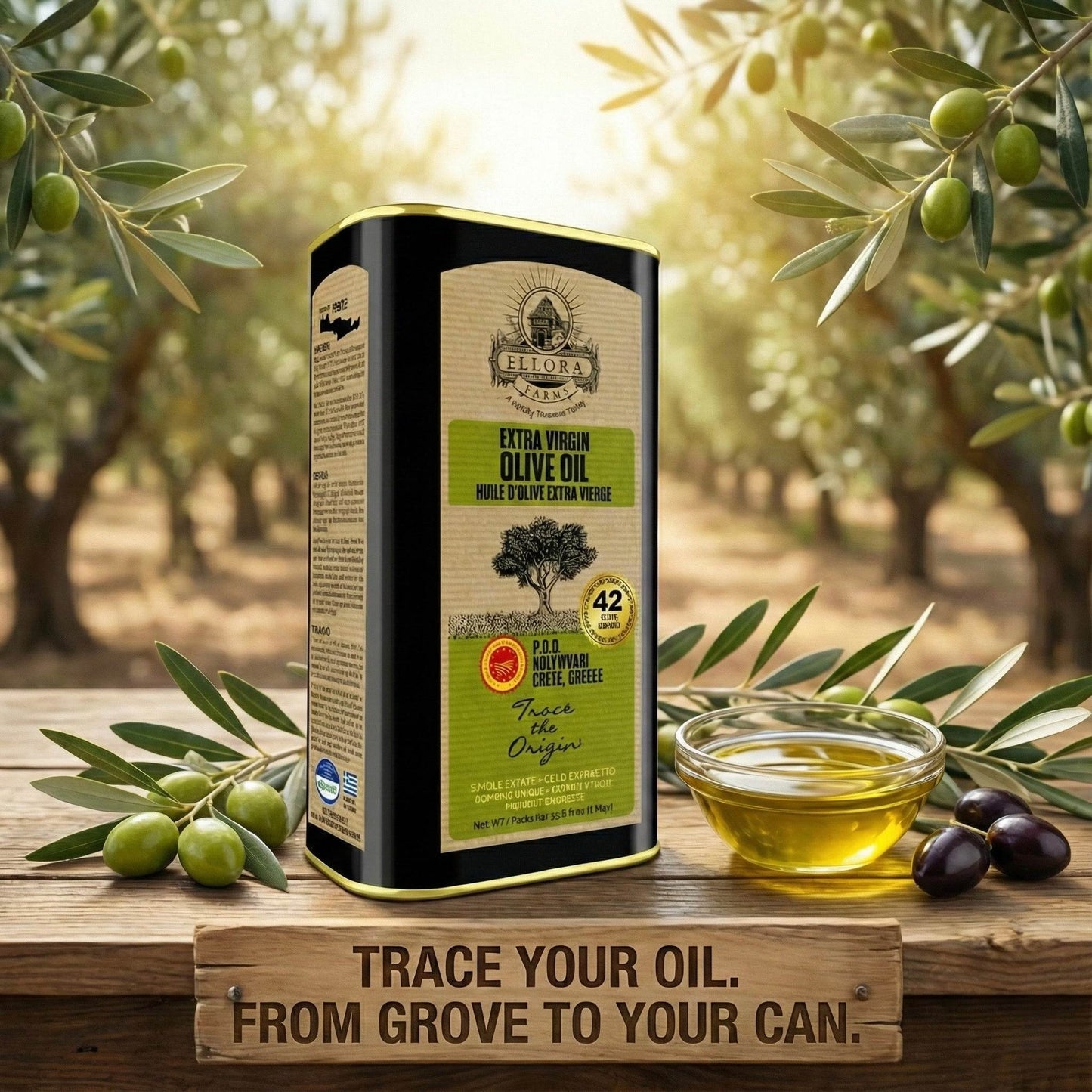 Ellora PDO SITIA & KOLYMVARI Estates Extra Virgin Greek Olive Oil, 1 Ltr Tin, 33.8 oz. Combo