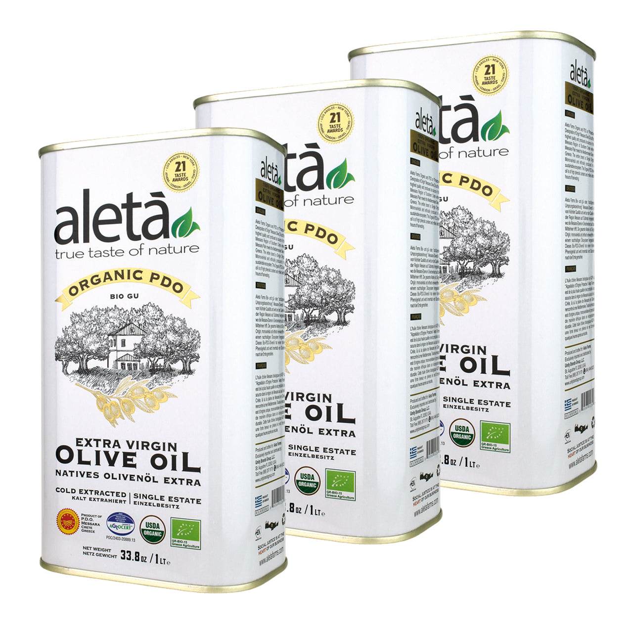 Aleta Organic & PDO Single Estate Traceable Extra Virgin Greek Olive Oil, 1 Ltr Tin, 33.8 oz. - ELLORA FARMS