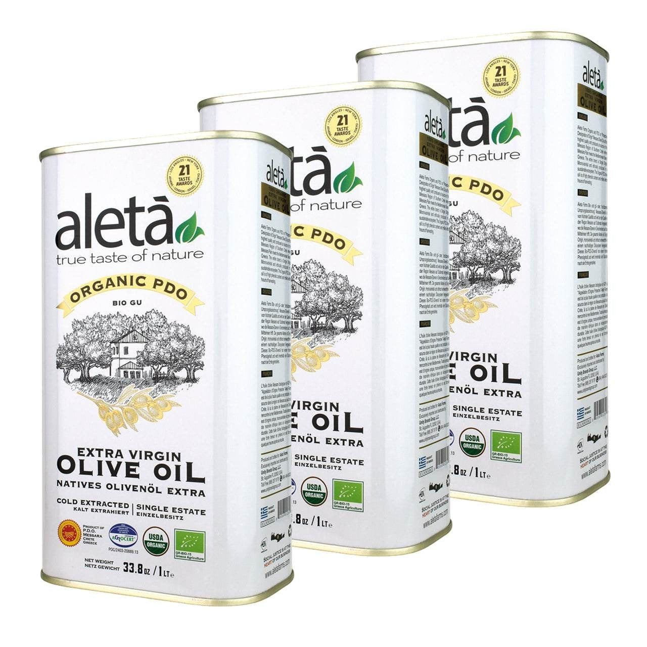 Aleta Organic & PDO Single Estate Traceable Extra Virgin Greek Olive Oil, 1 Ltr Tin, 33.8 oz. - ELLORA FARMS